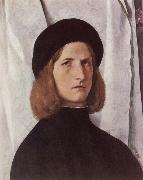 Lorenzo Lotto, Portrat of a young man before a woman curtain